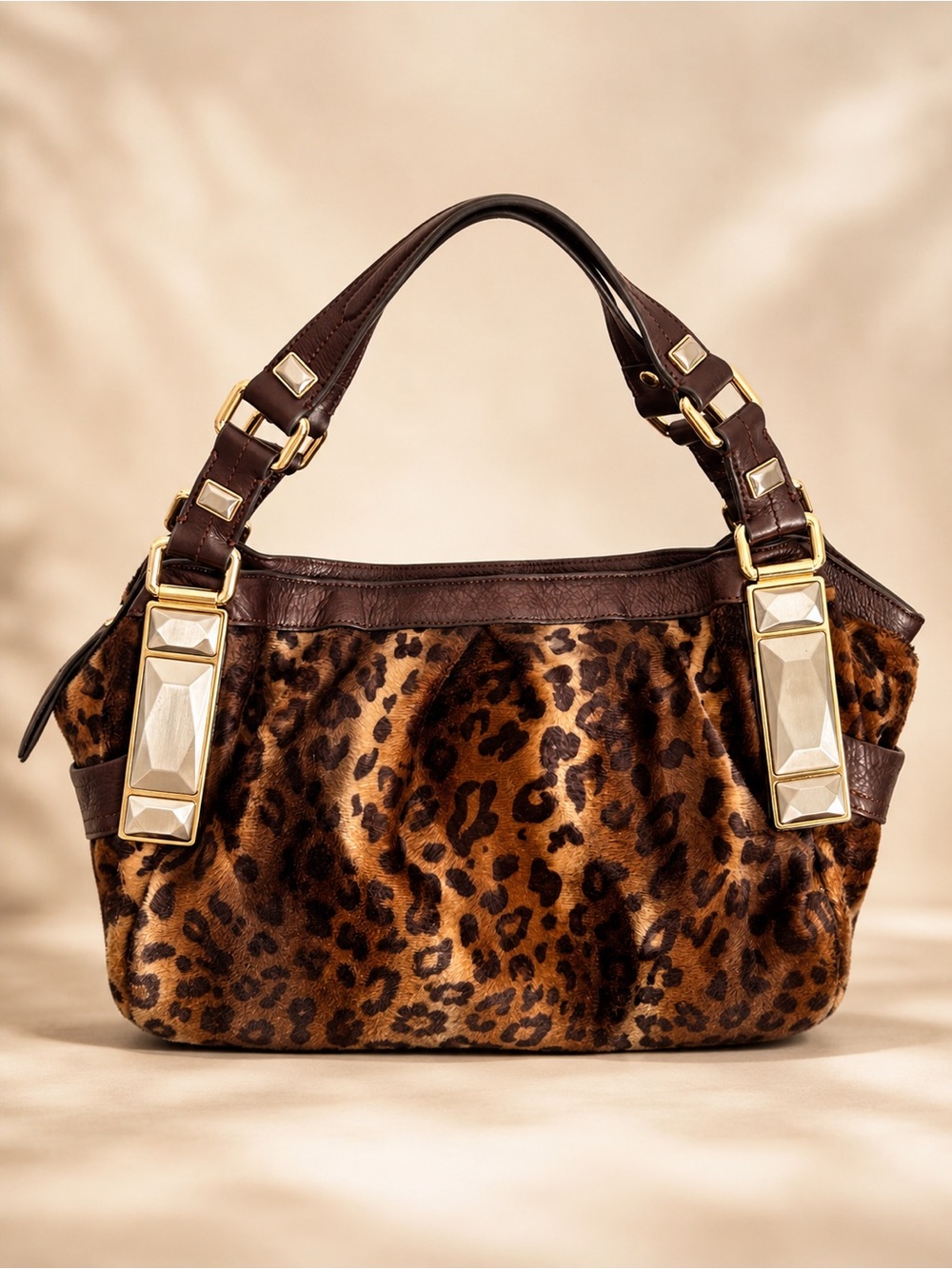 B. Makowsky Leopard Print Leather Satchel Shoulder Tote Bag